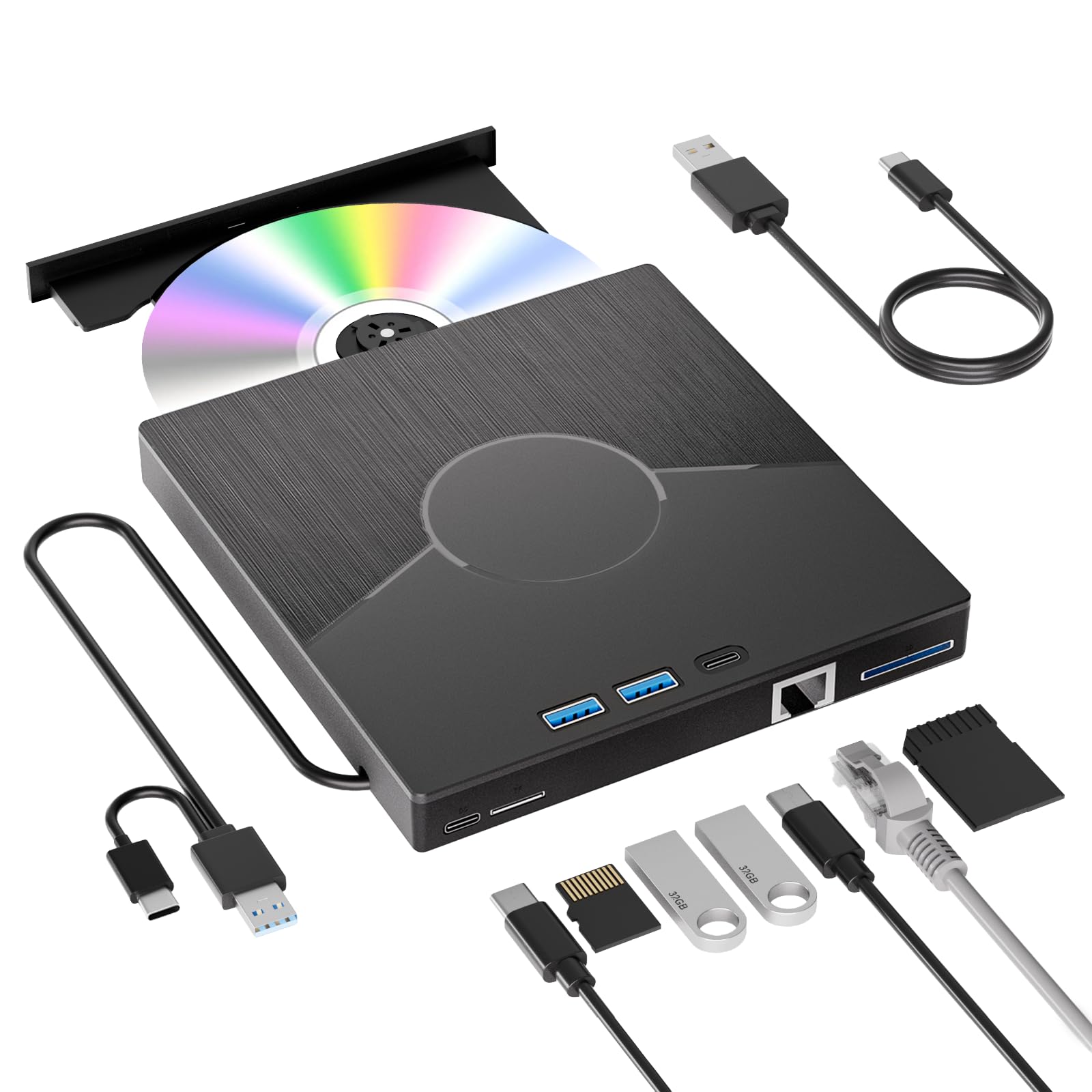 Photo 1 of 7 In 1 External CD Drive for Laptop, USB 3.0 & Type-C CD Rom External Drive for Laptop with Ethernet Interface, 3 USB and SD/TF Card, USB DVD Drive External CD Reader for Desktop/Windows/Linux/Mac OS