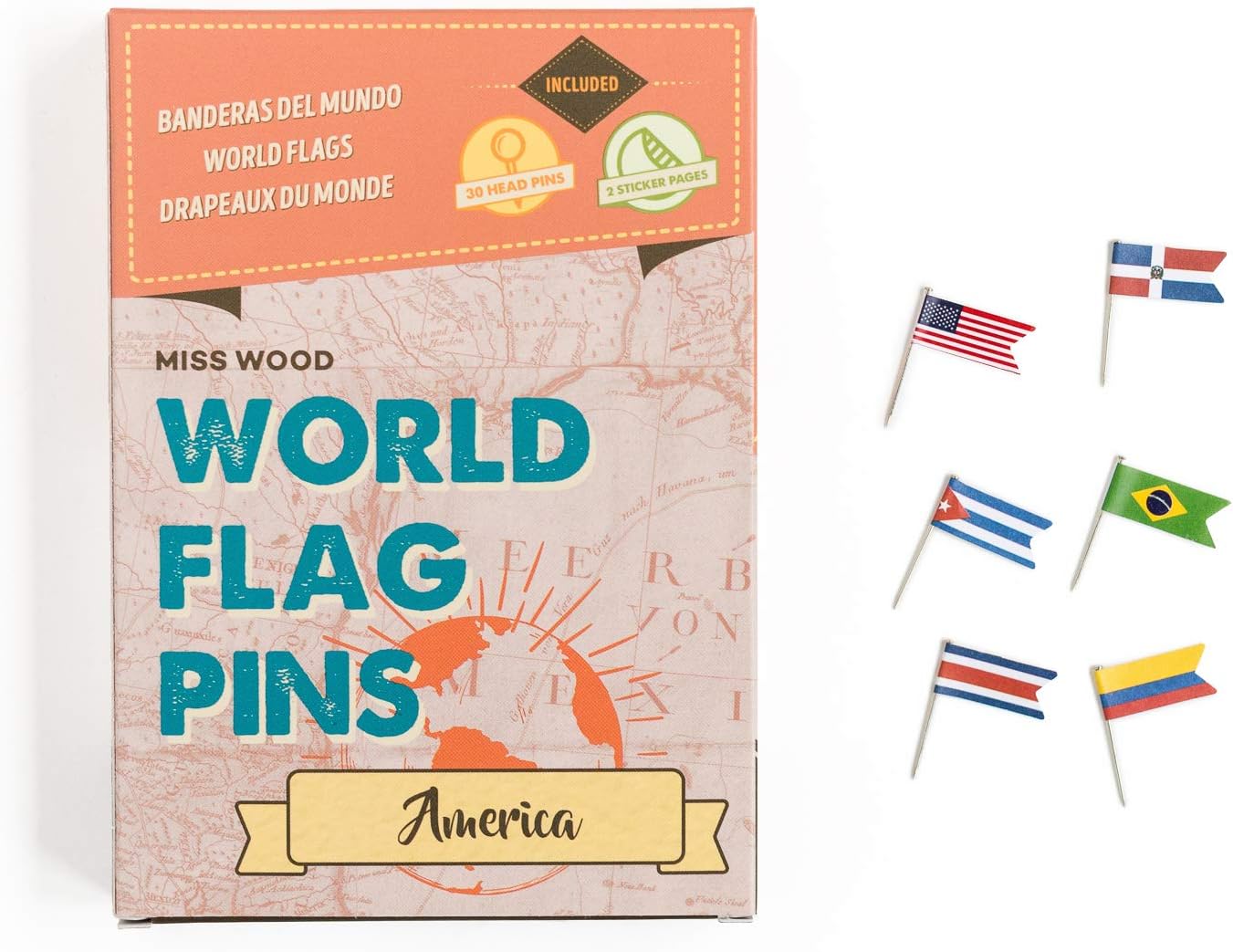 Miss Wood World Flag pins, adhesive, Pink, 15.6 x 11 x 2 cm