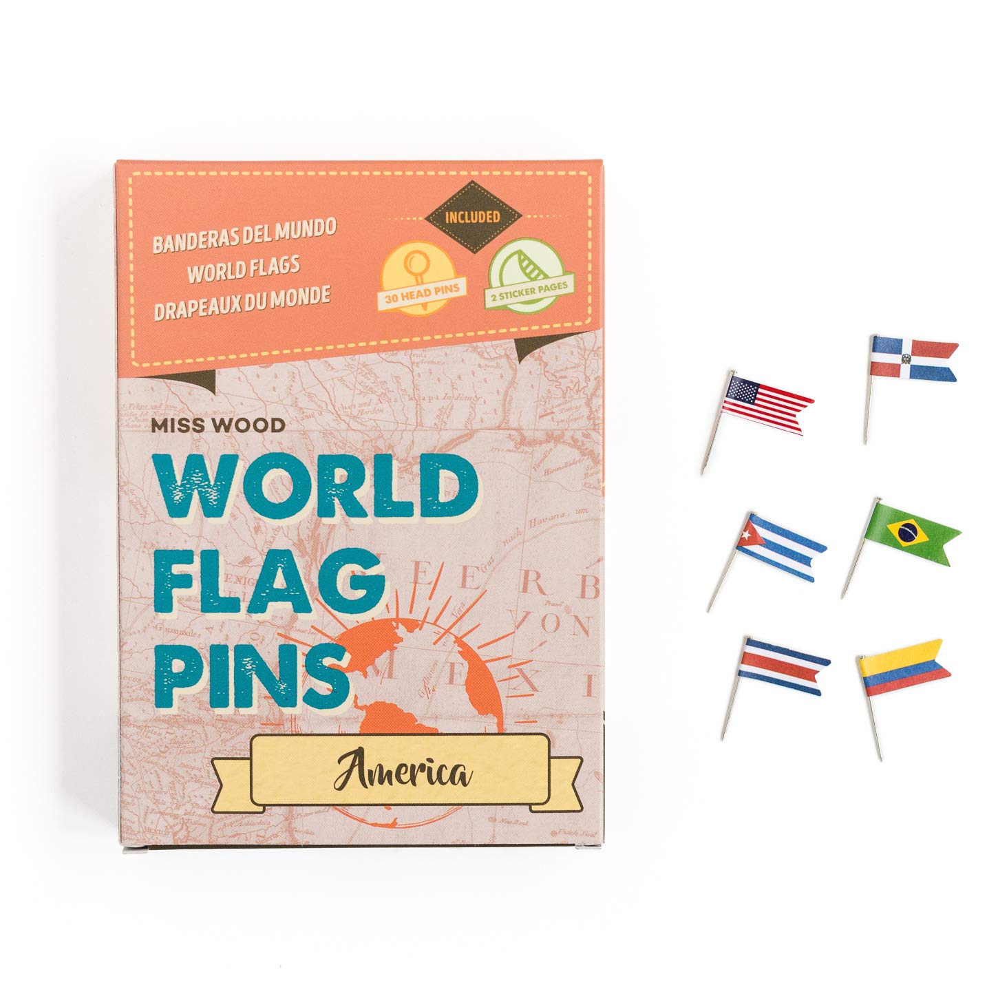 Miss Wood World Flag pins, adhesive, Pink, 15.6 x 11 x 2 cm