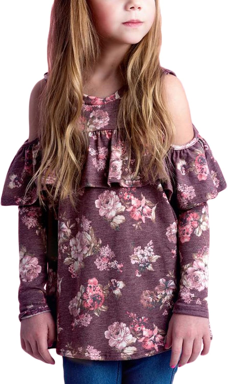 Blibea Girls Casual Floral Print Shirts Short Sleeve Cold Shoulder Ruffles Tops Blouse: Clothing
