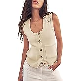 Biffxeu Womens Sleeveless Sweater Vest Fall Ribbed Tank Top Button Down Knit Casual Clothes Summer Going Out Tops with Pocket