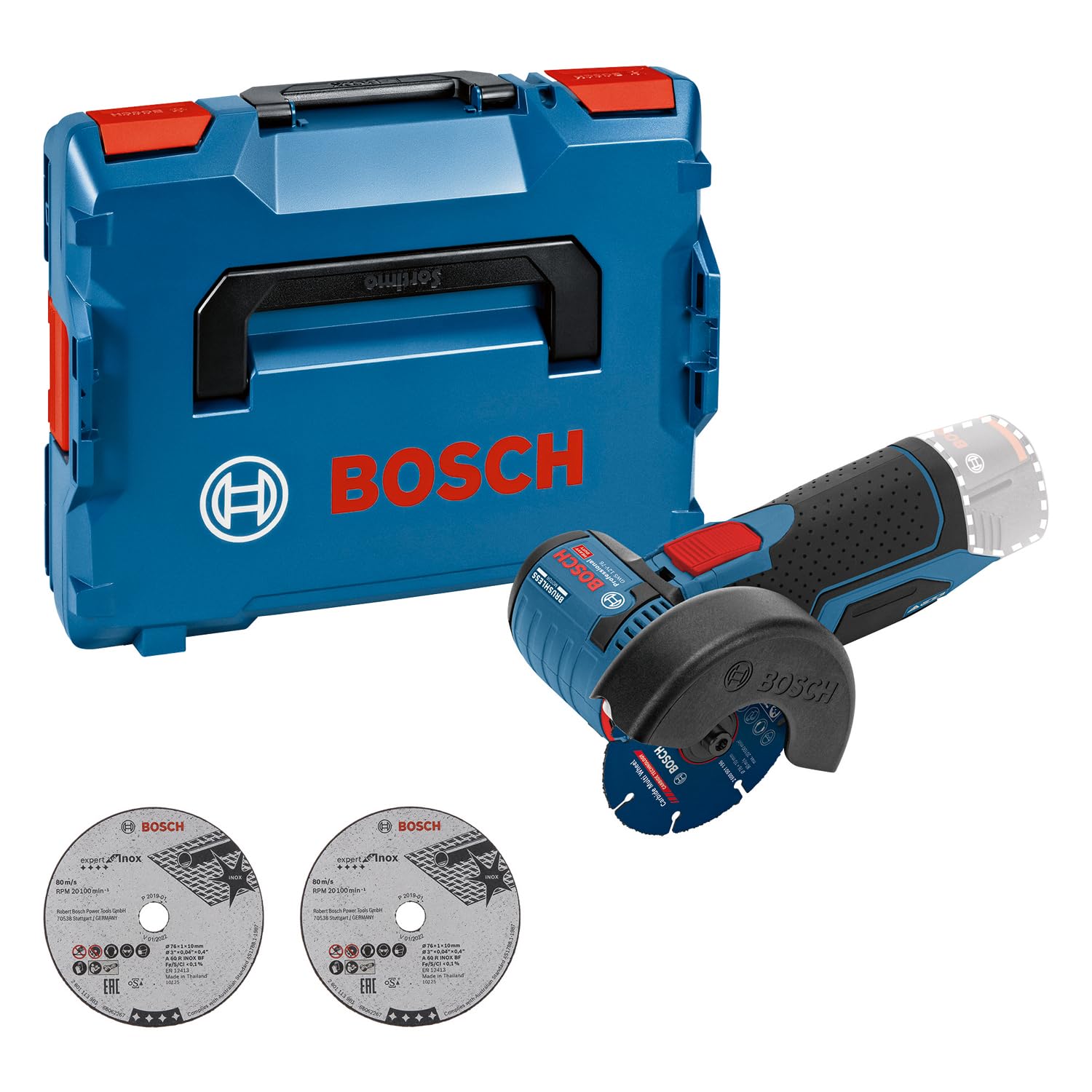 Bosch Professional 12V System GWS 12V-76 cordless angle grinder (three cutting discs, disc diameter: 76 mm, without battery/charger, L-BOXX)