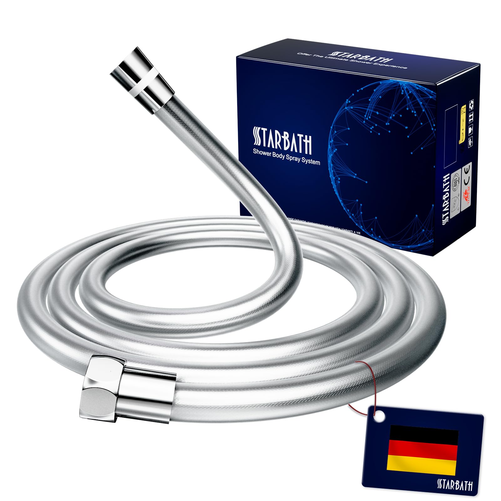 STARBATH PVC Smooth Shower Hose 2m(79"), Flexible Anti-Kink Handheld Shower Head Hose with Brass Connections, Silver