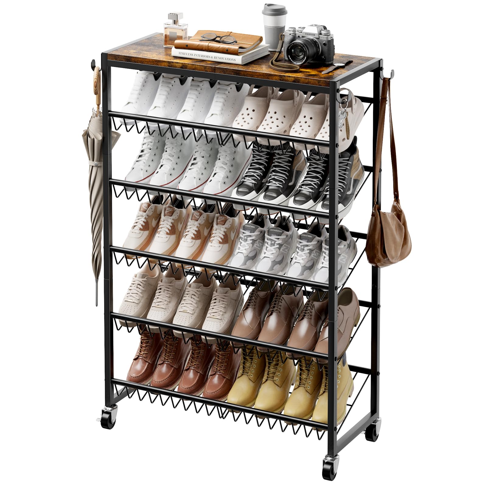 Photo 1 of UNITSTAGE 6 Tier Rotating Vertical Shoe Rack Tower, Wooden Shoe Storage Organizer with Hooks, Sturdy Metal Narrow Shoe Shelf for 18-24 Pairs, Vertical Shoe Organizer for Closet Entryway, Rustic Brown