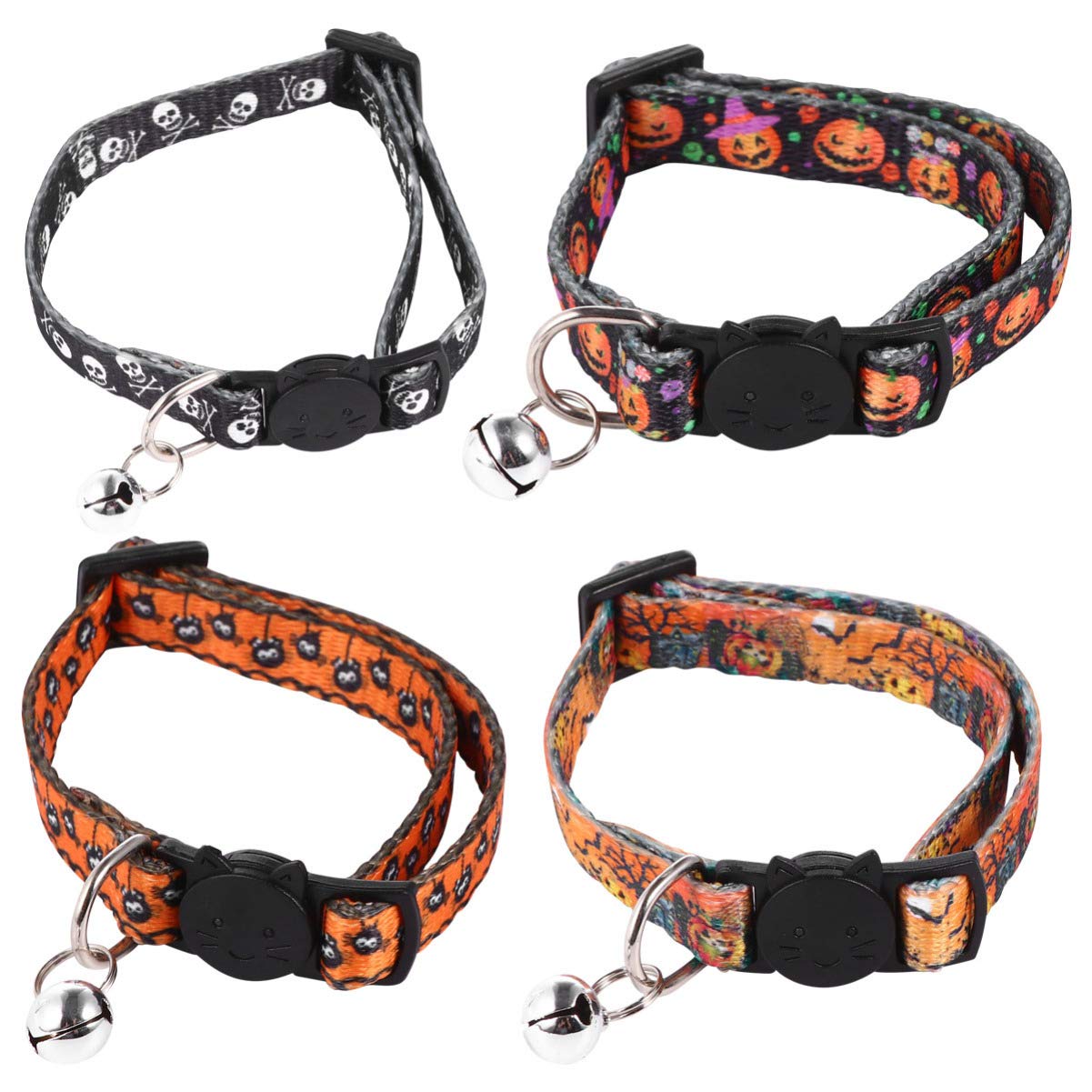 Balacoo 4Pcs Pet Dog Collars Adjustable Halloween Printing Pumpkin Skull with Bells Fashion Unique style Collars Cat Adorable Decoration for Medium Dogs