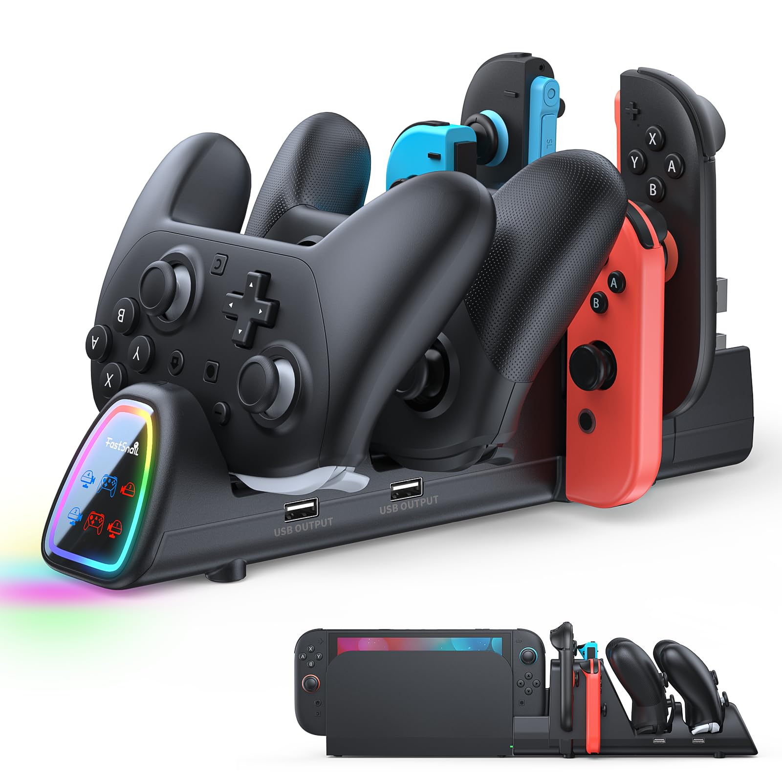 Photo 1 of **CONTROLLERS NOT INCLUDED**    FASTSNAIL [Switch 1/2 Compatible] Controller Charging Dock for Nintendo Switch 2/1 for Joycon 2, 10 in 1 Fast Controller Charger Station Stand for Pro Controller 2/1 with 11 RGB Modes, LED Indicator