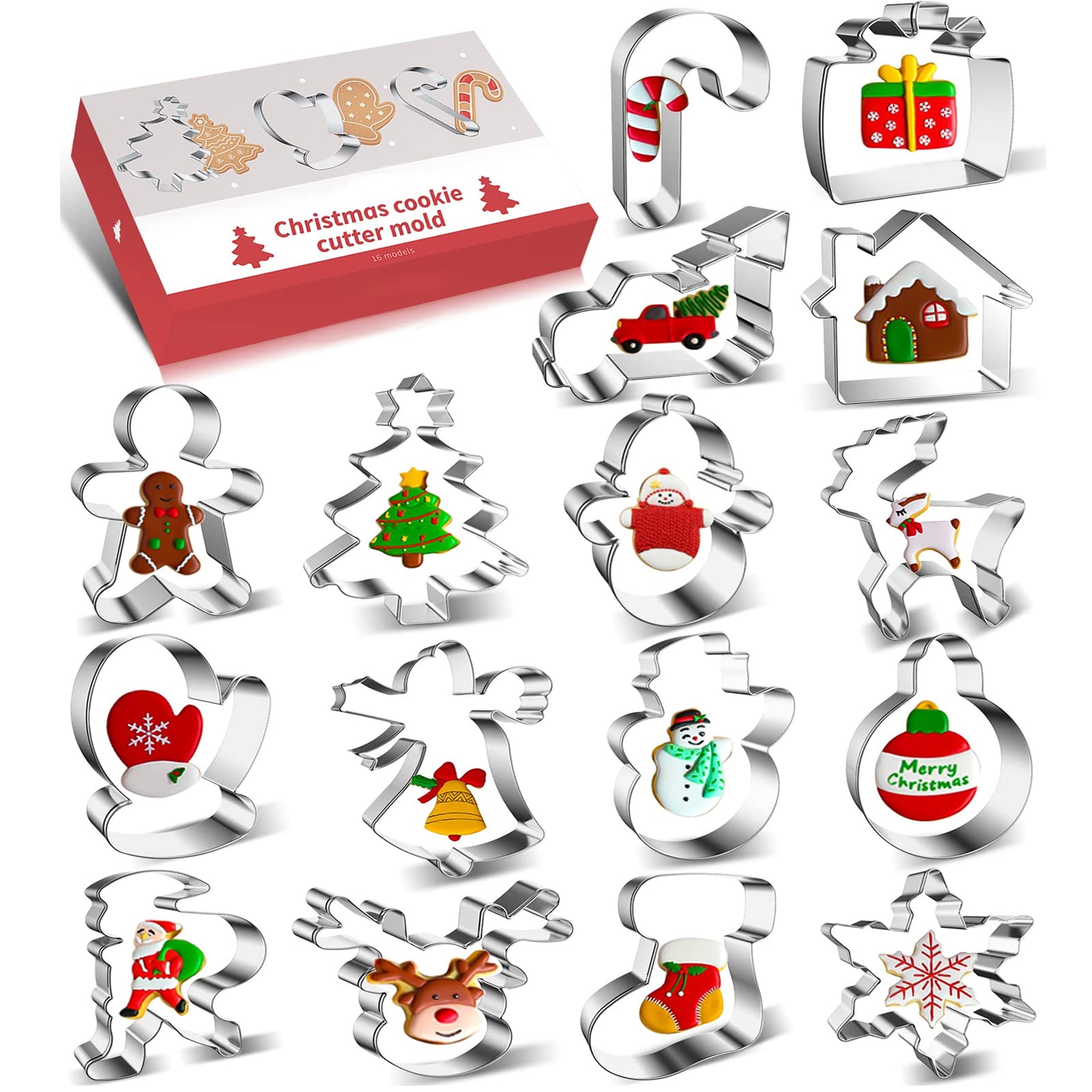 16 Pcs Christmas Cookie Cutter Set, Christmas Biscuit Cutters Christmas Tree Reindeer Snowman Gingerbread Man Santa Cookie Cutters for Baking,Homemade,Party