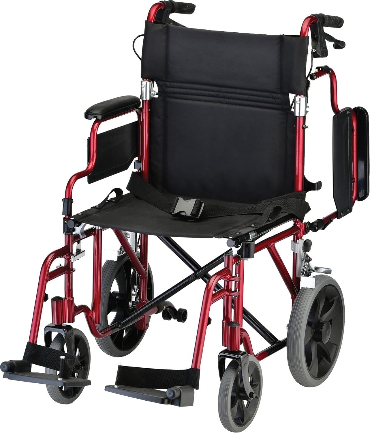 NOVA Lightweight Transport Chair with Locking Hand Brakes, 12” Rear Wheels, Removable & Flip Up Arms for Easy Transfer, Anti-Tippers Included, Red: Health & Personal Care