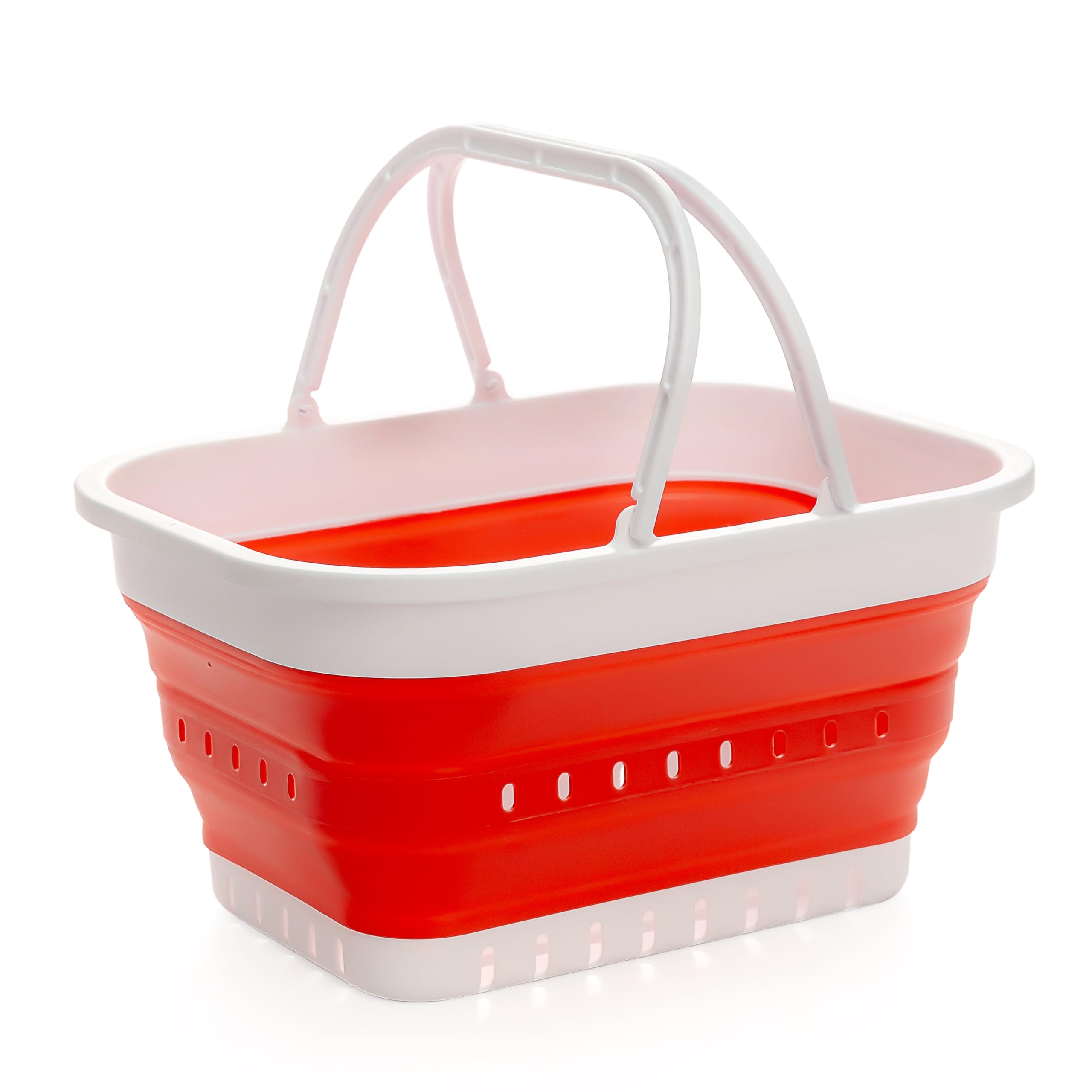 SAMMART 19L Collapsible Tub with Handle - Portable Outdoor Picnic Basket/Crater - Foldable Shopping Bag - Space Saving Storage Container (White/Coral Pink, 1)