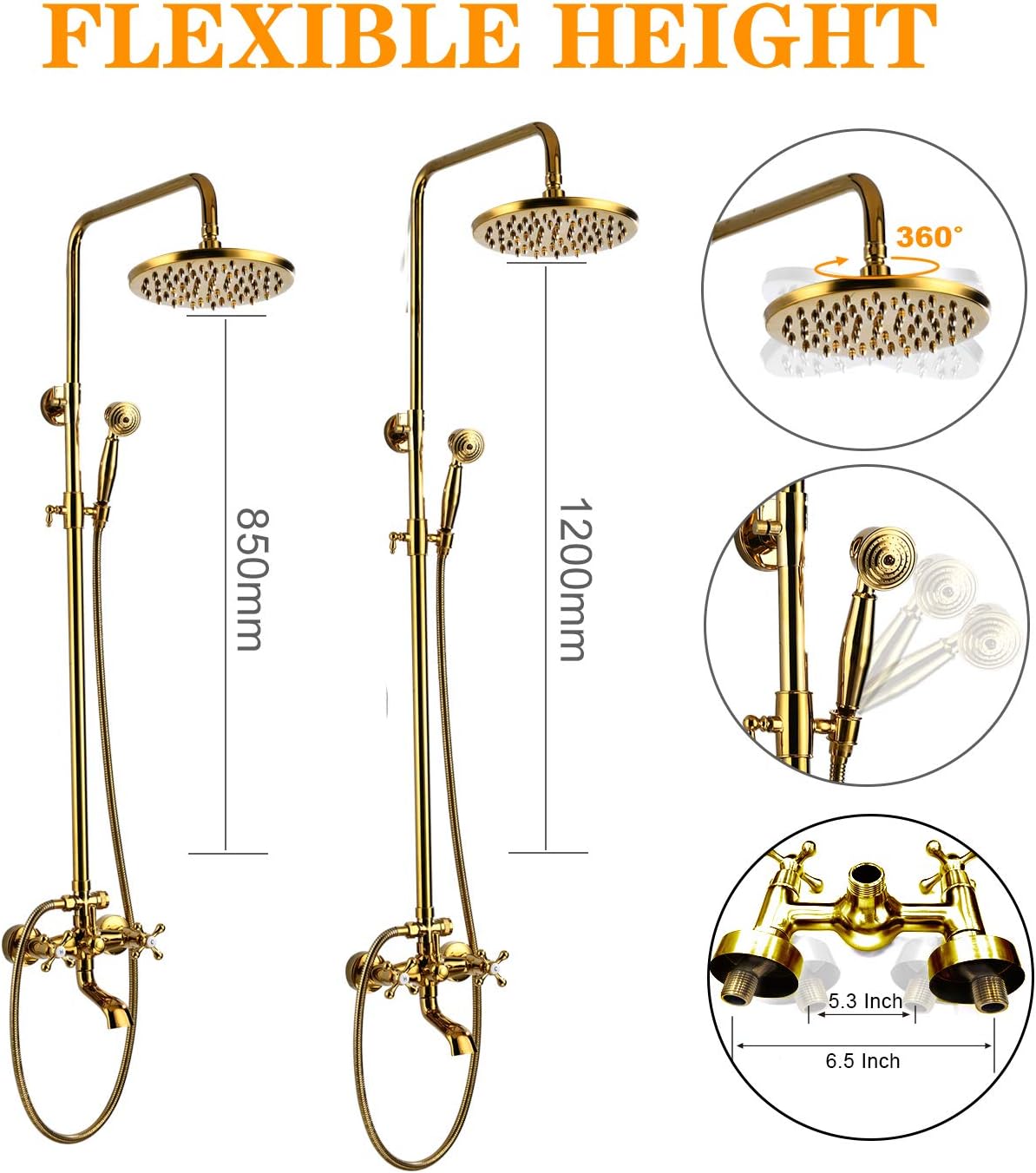 Shower Faucet Set 8 Rain Shower 2 Double Knobs Handle Chrome Polish Triple Function Tub Spout Shower Fixture Combo System Unit Set - - 