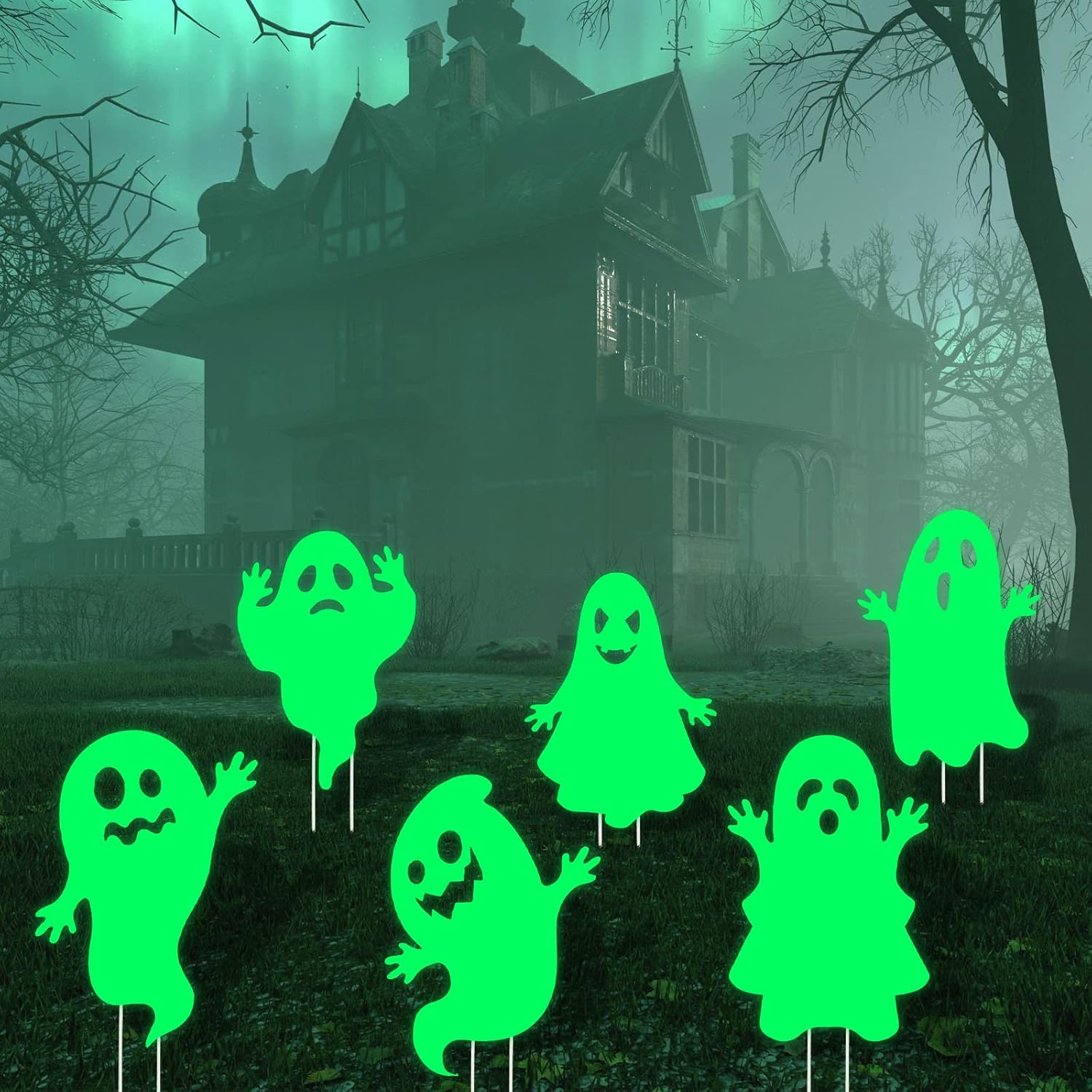 Yard Signs - 6 Pack Outdoor Halloween Decorations Ghost Halloween Yard Stakes Fluorescent Signs Glow in The Dark Lawn Stakes for Halloween Outdoor Front Yard Lawn Decorations