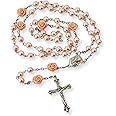 Nazareth Store Catholic Pink Pearl Beads Rosary Necklace Maddona Holy Soil Medal & Cross Crucifix