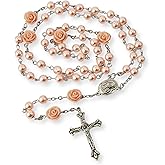 Catholic Pink Pearl Rosary Necklace with Madonna Holy Soil Medal & Crucifix Spiritual Gift for Men & Women Prayer Beads for Daily Devotion