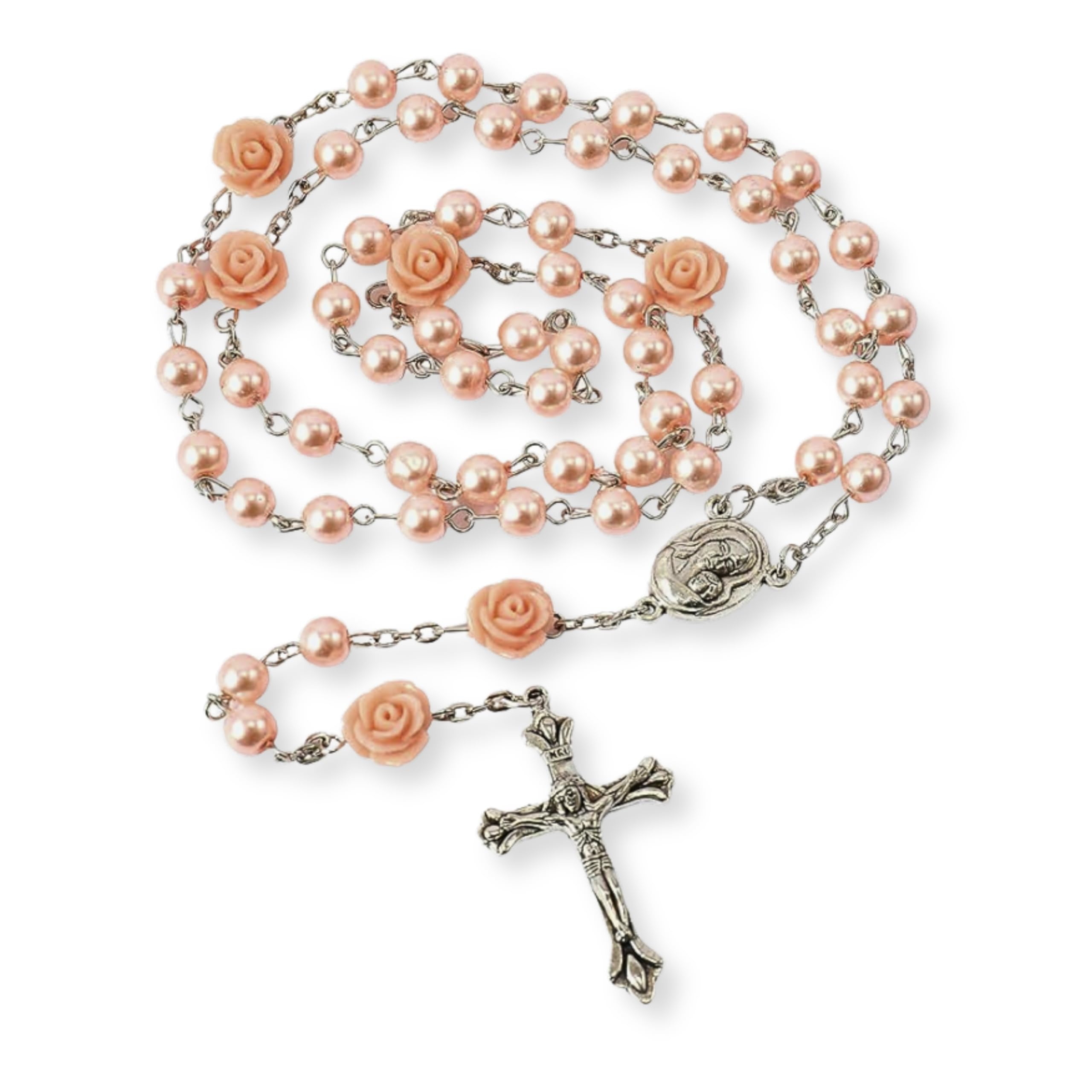 Nazareth Store Pink Pearl Beads Rosary Necklace Our Rose Flowers Bead Jerusalem Holy Soil Medal & Metal Cross - Velvet Bag