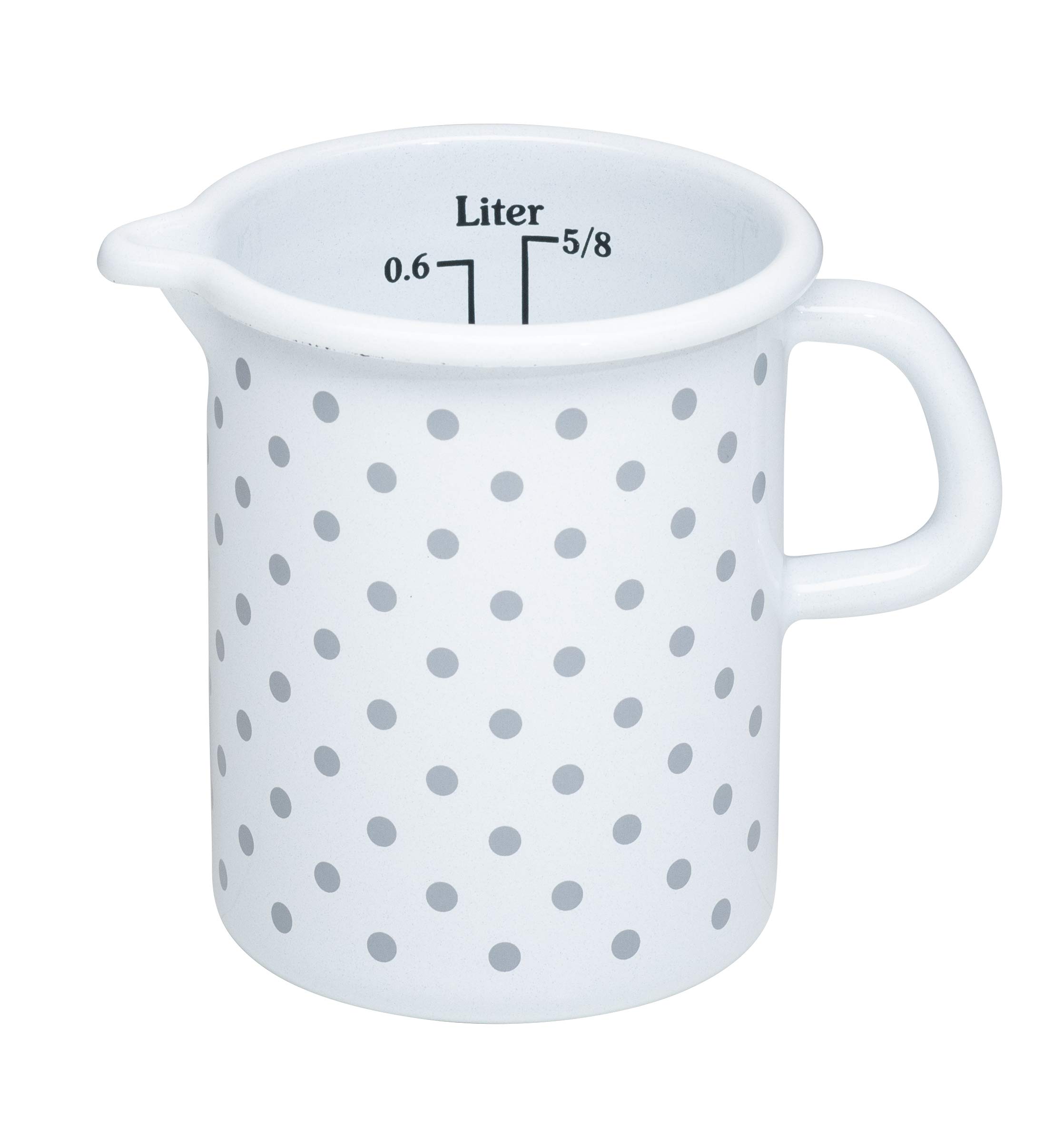 Riess, 0337-066, Kitchen Measure 9cm, 0,5L, Country - PÜNKTCHEN GRAU, Enamelled Steel, White with Grey dots, 0,333kg, 9cm Diameter, 0,5 Litre, 14,5 x 10,1 x 12cm, Induction