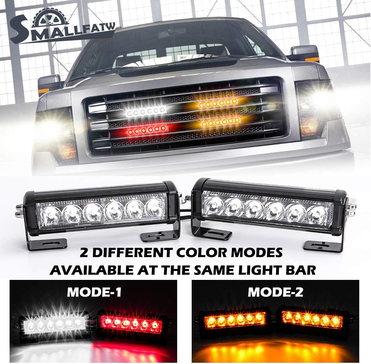SmallfatW 2X6 Led Emergency Head Grille Strobe Light Waterproof Surface Mount Deck Dash Warning Light Vehicles Trucks Police Changing Color Light with Strong Aluminum Housing (Yellow Amber/Red White)