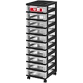 IRIS USA Plastic Drawer Storage Organizer Rolling Cart with Wheels Casters 10-Drawers for Classroom Art Craft Supplies Dresser Closet Bathroom Laundry Room Black/Clear