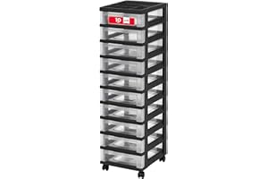 IRIS USA Plastic Drawer Storage Organizer Rolling Cart with Wheels Casters 10-Drawers for Classroom Art Craft Supplies Dresser Closet Bathroom Laundry Room Black/Clear