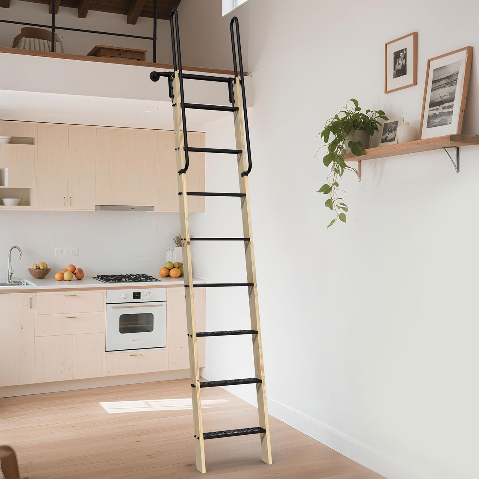 Photo 1 of LKCBITION 96inch Knotty Pine Wood Library Ladder with Black Metal Step & Handle and 24inch Rustic Black Wall Mount Pipe Railing with Hooks(Installation Height 93-3/4")