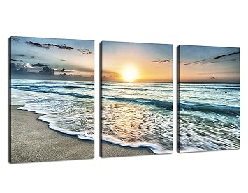 Canvas Wall Art Beach Sunset Ocean Waves Wall Decor 3 Pieces X 12 X 16 Modern Seascape Canvas Artwork Contemporary Nature Pictures Painting Giclee