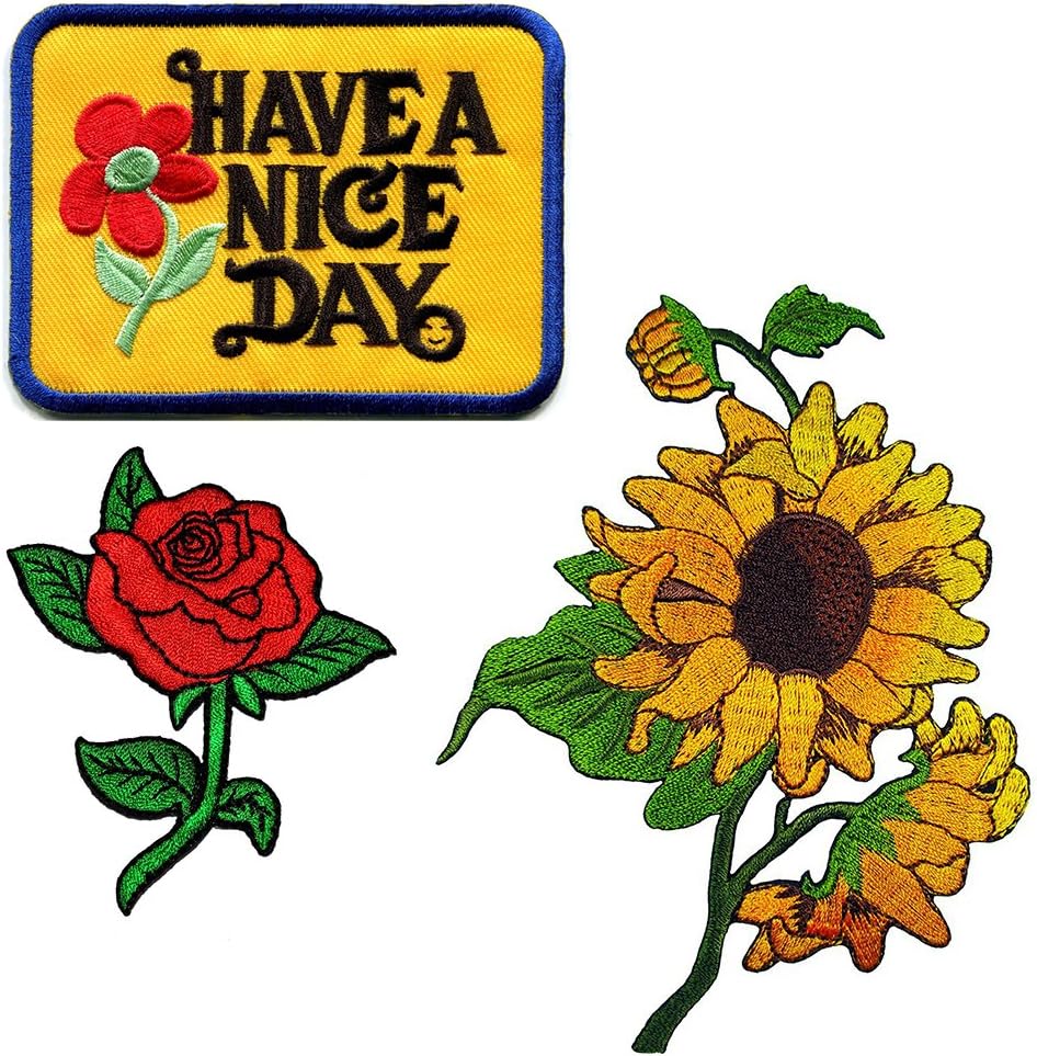 Peace012-FLOWER - 3 Pcs Iron-on Applique Embroidered Patch (HAVE A NICE DAY, Red Rose and Sun Flower)
