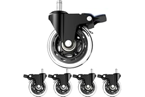 WUDOYO Office Chair Wheels Replacement with Brakes - 135 Degree Pedal Easy to Lock/Unlcok 3 inch Rubber Wheels for Wood Floor