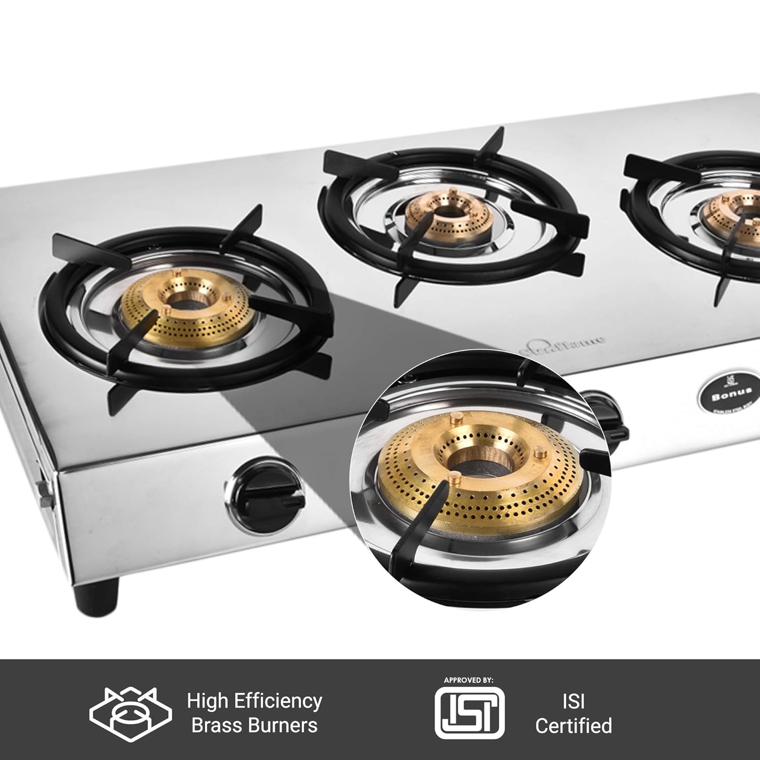 Silver Stainless Steel 3 Burner Gas Stove, Manual Ignition Sunflame