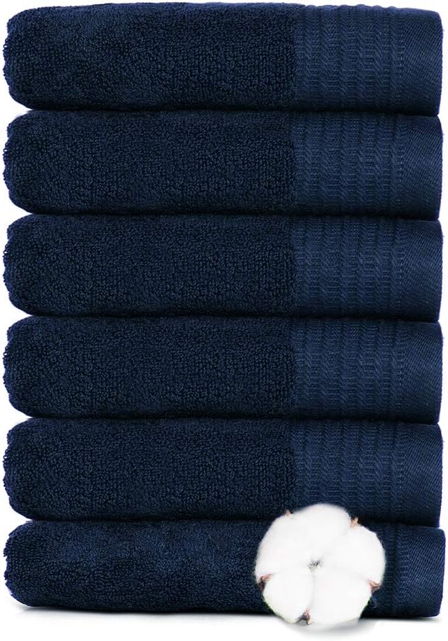 VANZAVANZU Hand Towels for Bathroom Face Towels Set, 100% Cotton Ring Spun Highly Absorbent Durable for Bath Face Spa Hotel Salon, Size 16" x 28" (Navy Blue, 6-Pack): Home & Kitchen