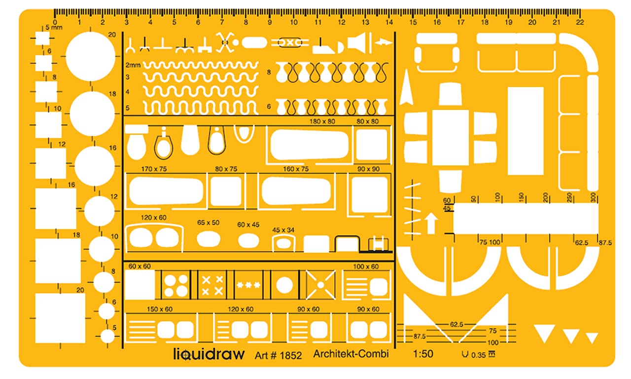 Liquidraw 1:50 Scale Architectural Scale Ruler | House Interior Floor Plan Template | Technical Architect Drafting Tool | Contains Furniture & Fixtures Symbols for Kitchen, Bathroom | 1.5mm Thick