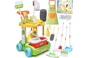 B Bascolor 16 Pcs Kids Cleaning Toy Set for Toddlers, Kids Cleaning Car Set with Cleaning Cart, Apron, Mop Broom and Dustpan Set, Preshool Pretend Play gifts for Toddlers Boys Girls 3 4 5 6 7 year old