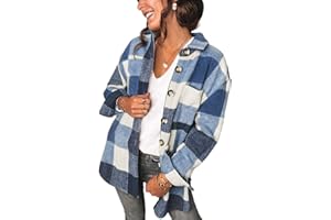 SHEWIN Womens Long Sleeve Plaid Shirts Flannel Lapel Button Down Shacket Jacket Coats