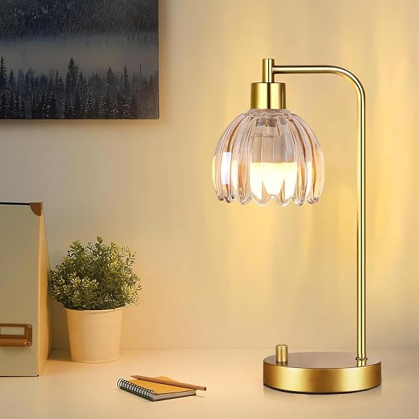 ILLMTW GLASS TABLE LAMP SET OF 2,SMALL GOLD BEDSIDE LAMPS DIMMABLE BOHO BEDROOM LAMP WITH TULIP FLOWER AMBER LAMP SHADE,VINTAGE MID CENTURY MODERN MINI NIGHTSTAND LAMP FOR BEDROOM LIVING ROOM