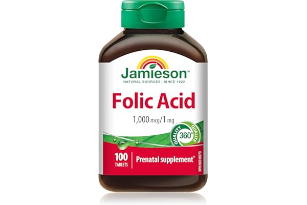 Jamieson Folic Acid 1,000 mcg, 100 Tablets, Prenatal Supplement, Supports Normal Fetal Development, Helps Prevent Neural Tube