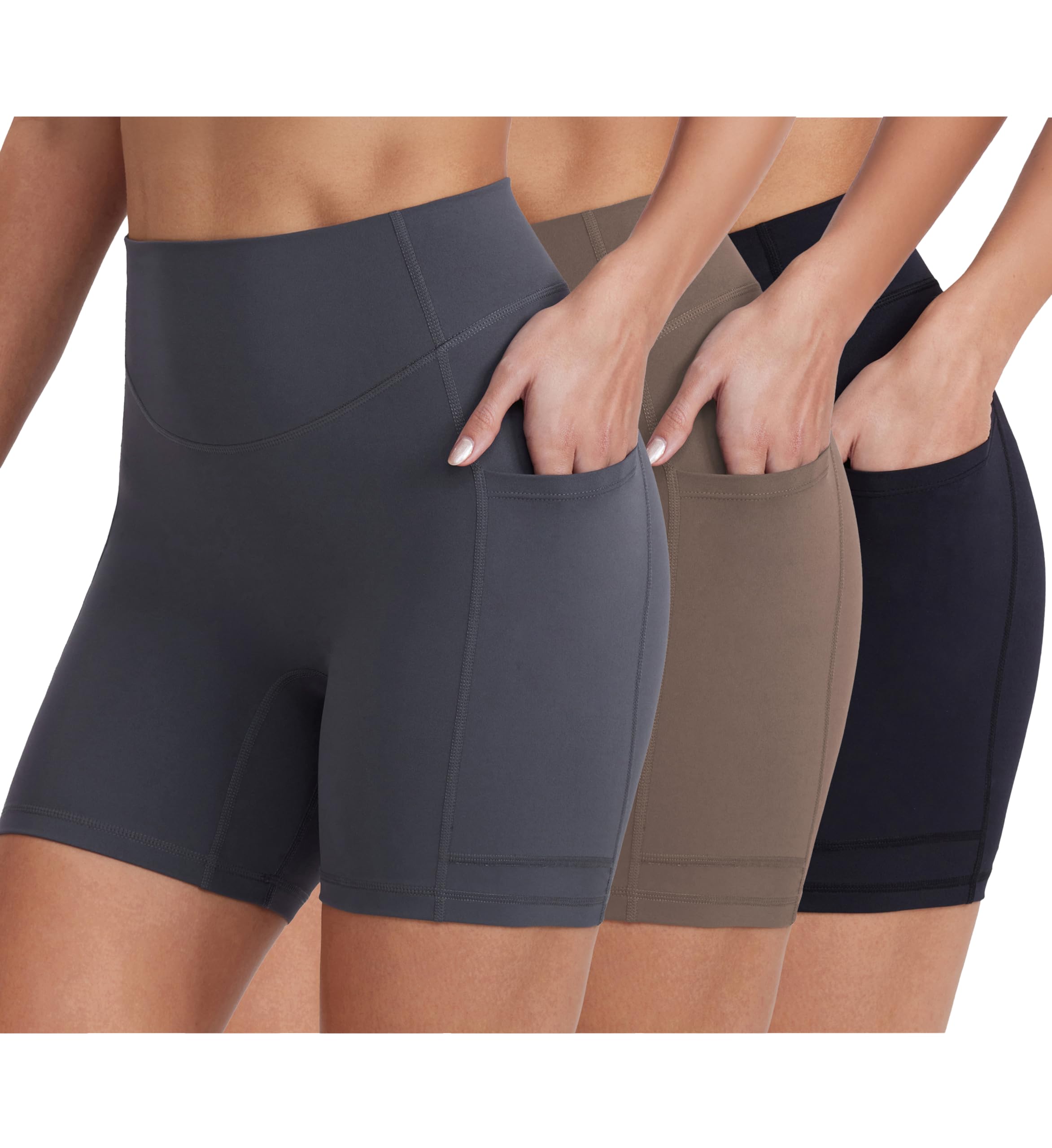 ENERBLOOM Biker Shorts for Women with Pockets, 5" Spandex Workout Shorts, Lightweight for Summer Cycling Running Yoga Gym Black Grey Coffee X-Large Image