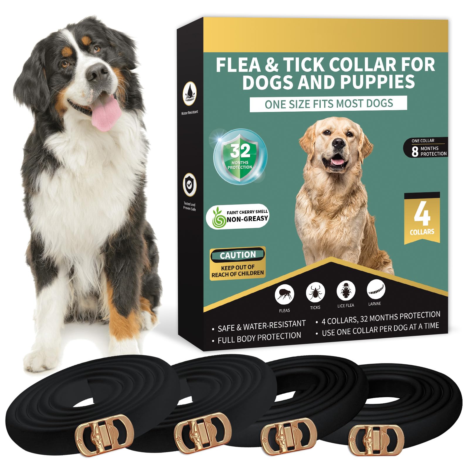 Photo 1 of Lerqua Flea Collar for Dogs 4 Pack, 32 Months Comfort Flea and Tick Prevention, Waterproof Dog Flea and Tick Collar, Adjustable Flea and Tick Treatment for Dogs - One Sizes Fit All (Black)