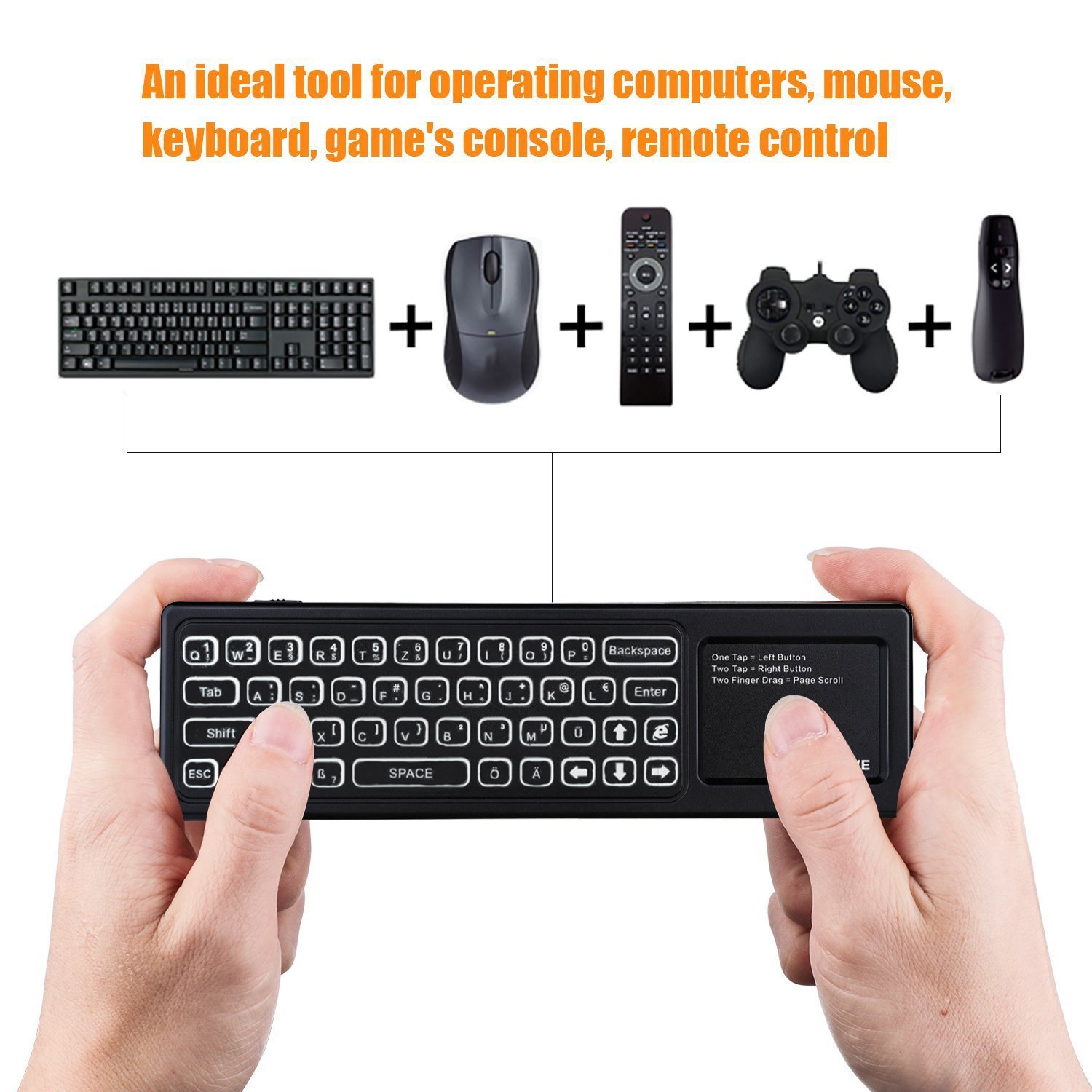 Airmaus Fernbedienung, AMBOLOVE Mini Tastatur kabellos Somatosensorisches Spiel Keyboard 2,4 G wiederaufladbare Air Mouse Combo mit Touchpad und 7 Farb-LED Backlits