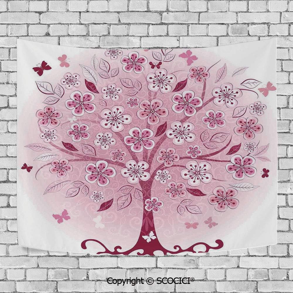 Wall Tapestry Hanging 3D Printing Tree Tapestry Wall TapestryLiving Room Bedroom,House Decor,Decorative Bonsai Tree with Flowers Leaves And Butterflies Fantasy Ornate Illustration,Burgundy Pink