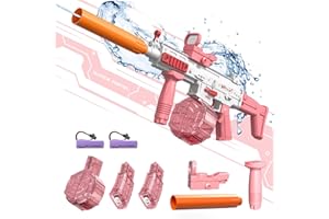 J JINPEI Electric Water Gun, Automatic Squirt Guns One-Button Up to 32 FT Range,370CC+Two 120CC Capacity Super Water Blaster for Kids Adults Swimming Pool Beach Party Games Outdoor Water Fighting Shooting Game