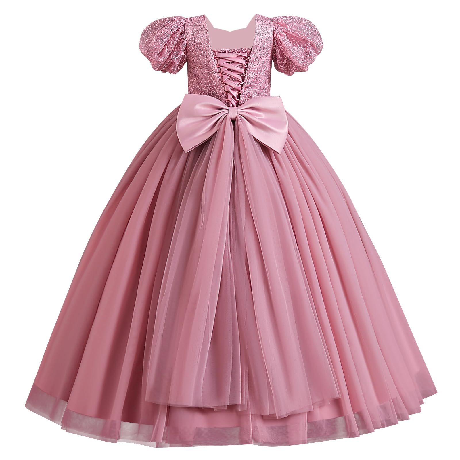 Photo 1 of IDOPIP Flower Girl Sequin Lace-up Bowknot Dress for Kids Wedding Bridesmaid Pageant Party Formal Long Maxi Gown Little Princess First Communion Birthday Prom Puffy Tulle Dresses Dusty Pink 5-6 Years