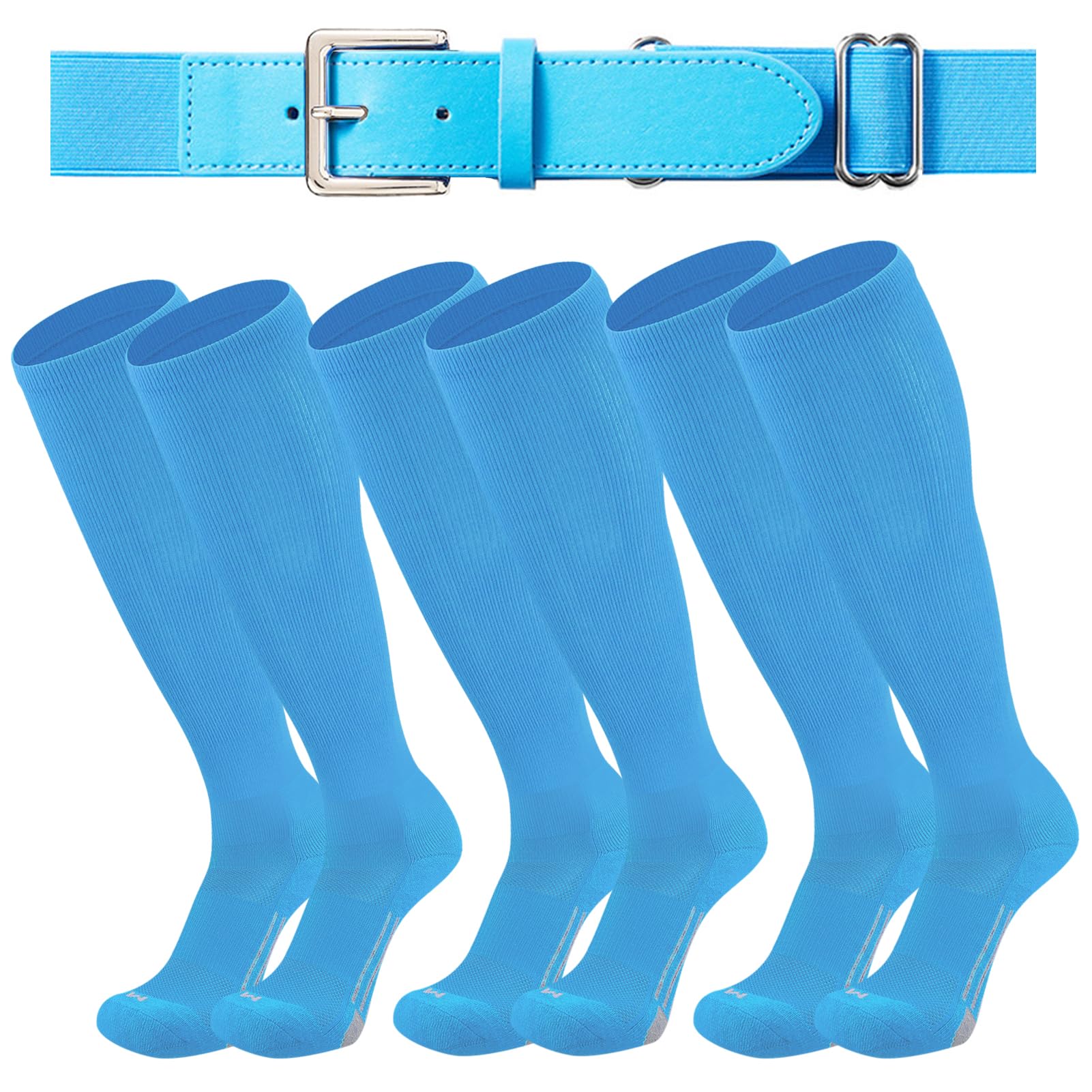 Photo 1 of Londkaron Youth Elite Baseball/Softball Socks & Belt Combo (3 Pairs of Socks with 1 Belt) (Small, Columbia Blue)