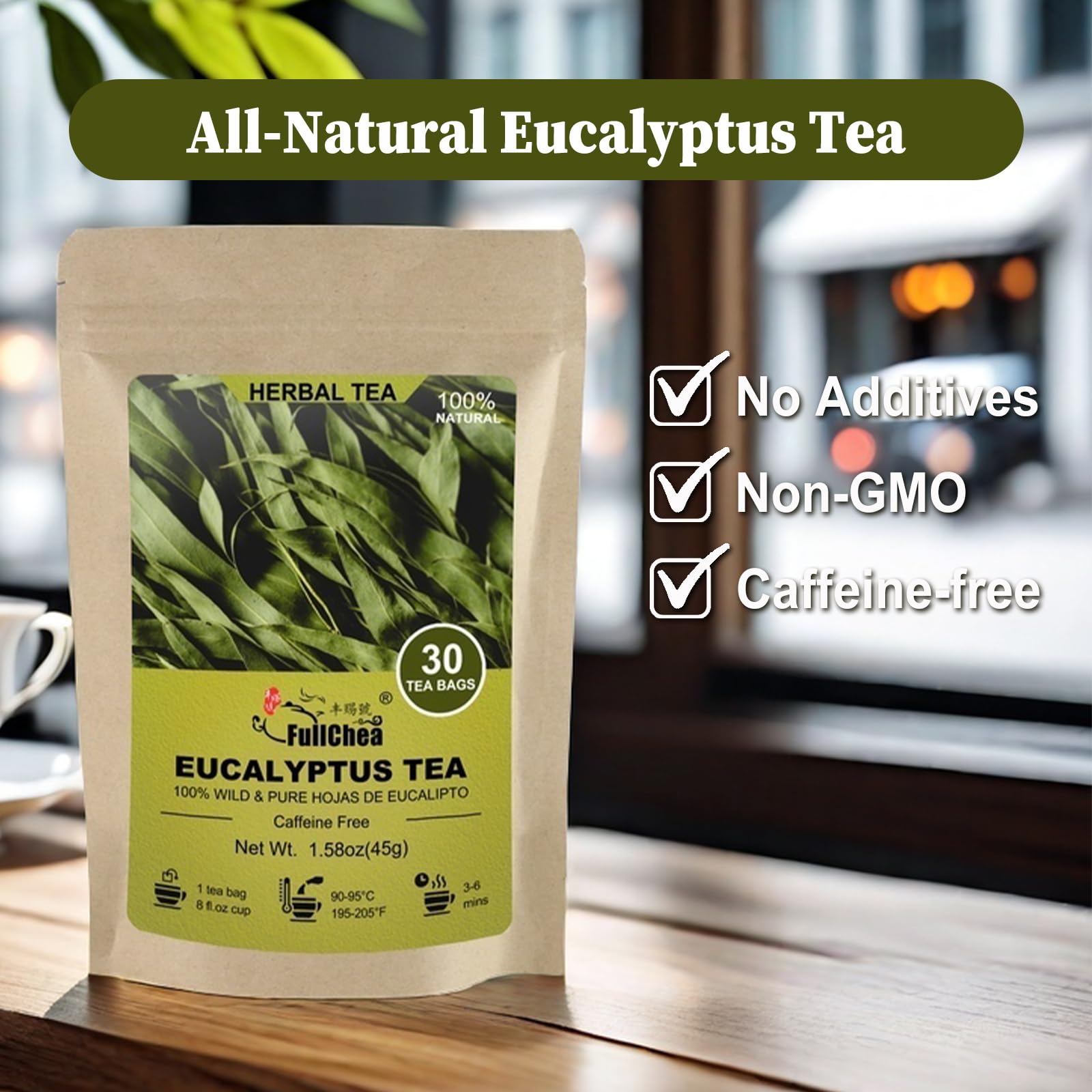 FullChea Natural Eucalyptus Tea Bag 30 Teabags, 1.5g/bag - Premium Hojas de Eucalipto - Non-GMO - Caffeine-free - Boost Respiratory Health
