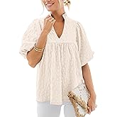 MASCOMODA Womens Summer Tops 2026 Ruffle V Neck Blouses Loose Puff Short Sleeve Jacquard Babydoll Tops Casual Dressy T-Shirts