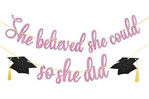Babycop Pink Graduation Decorations 2025, Pre-Strung She Believed She Could So She Did Banner, Glitter Pink Girl Graduation Decoration with Real Tassel Caps, 2025 Grad Party Backdrop Decor for Girls