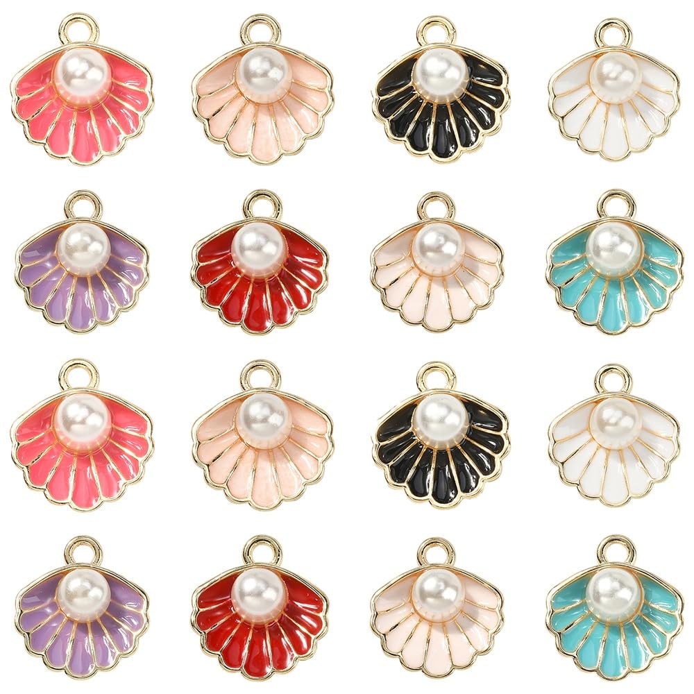 Stiesy 40Pcs 8 Colours Enamel Shell Charms with Imitation Pearl Pendant Charms Sea Clam with Pearl Dangle Charm for DIY Crafts Bracelet Jewellry Making