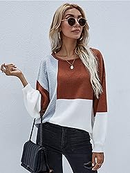 ECOWISH Women Sweater Long Sleeve Color Block Knit