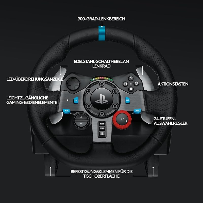 29 Driving Force Gaming Rennlenkrad, Zweimotoriges Force Feedback, 900° Lenkbereich, Racing Leder-Lenkrad, Verstellbare Edelstahl Bodenpedale, für PS5, PS4, PC, Mac - Schwarz