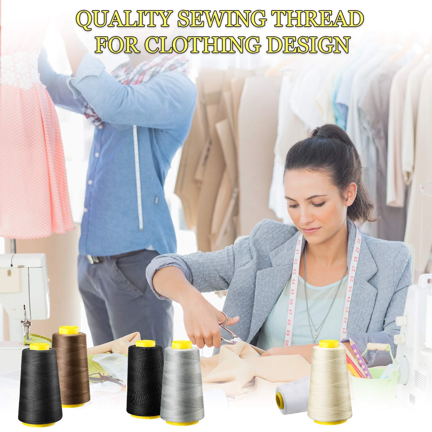 BBTO 6 Rolls 3000 Yard Each Serger Thread Polyester Cones Spool Thread for Sewing Serger Overlock Quilting Sewing Machine (Black, White, Beige, Grey, Dark Grey, Coffee)