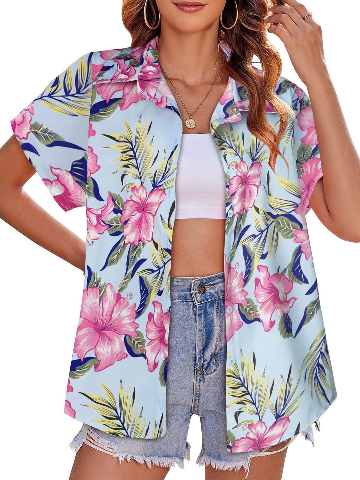 Women Hawaiian Shirt Button Down Summer Tops Beach Cool Short Sleeve V ...