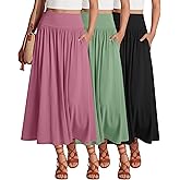 Ficerd 3 Pack Maxi Long Skirts for Women, Ankle Length High Waisted Pleated Flowy a Line Summer Casual Skirts with Pockets