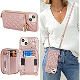 Hamany Crossbody Wallet Case for iPhone 14 Plus, PU Leather Zipper Handbag Purse Flip Cover, Kickstand Folio Case with Card Slots Holder Wrist Strap Lanyard 5G 6.7 Inch-Rose Gold